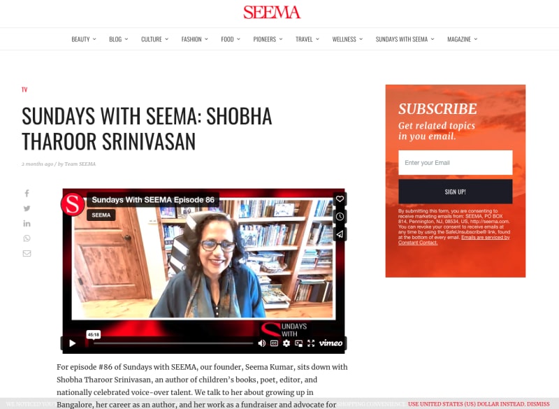SUNDAYS WITH SEEMA: SHOBHA THAROOR SRINIVASAN